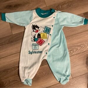 Vintage Gerber 1996 Looney Tunes Baby Sylvester One Piece Teal Med Footies 6-9M